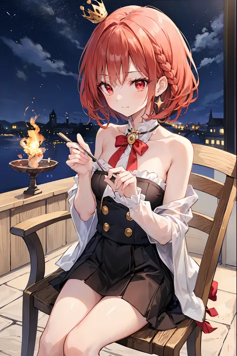 (((red eyes)))、(((Gold crown)))、A bewitching crimson eyed fairy with high quality red eyes and a sad expression、Sitting on a splendid chair in an abandoned castle、It looks like they are crossing their legs。luxurious crown，brown hair，shortcuts，unkempt hair，...