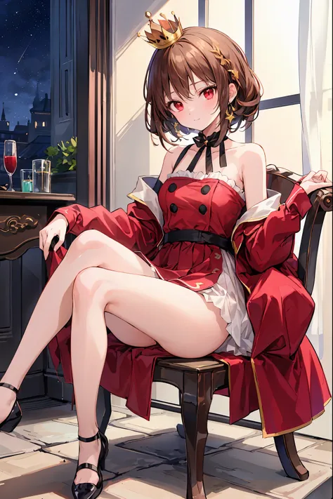 (((red eyes)))、(((Gold crown)))、A bewitching crimson eyed fairy with high quality red eyes and a sad expression、Sitting on a splendid chair in an abandoned castle、It looks like they are crossing their legs。luxurious crown，brown hair，shortcuts，unkempt hair，...