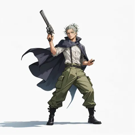 (male), (adult man), (slim body), (green eyes), (grey hair), (short messy hairstyle), (confident expression), (holding big revolver in one hand), (no smoking), (no cigar), (solo), (single character), (full body version), (white background), (no background)...