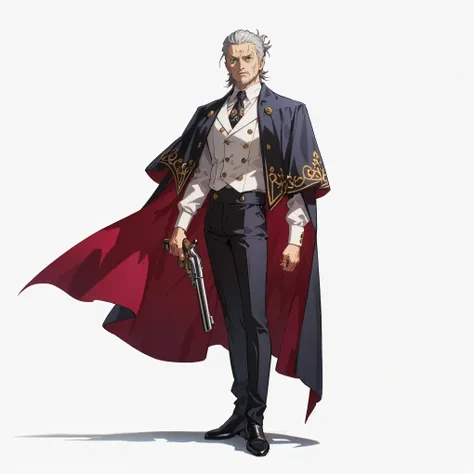 (male), (old man), beard , (slim body), (green eyes), (grey hair), (slicked back hairstyle), (calm confident expression), (holding big revolver in one hand), (solo), (single character), (full body version), (white background), (no background), (highly deta...