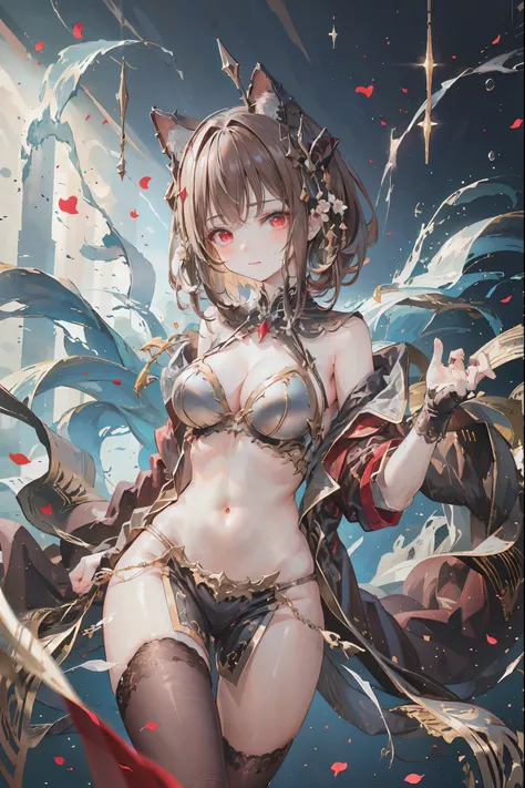 (((red eyes)))、(((Gold crown)))、A bewitching crimson eyed fairy with high quality red eyes and a sad expression、Sitting on a splendid chair in an abandoned castle、It looks like they are crossing their legs。luxurious crown，brown hair，shortcuts，unkempt hair，...