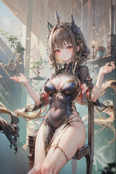 (((red eyes)))、(((Gold crown)))、A bewitching crimson eyed fairy with high quality red eyes and a sad expression、Sitting on a splendid chair in an abandoned castle、It looks like they are crossing their legs。luxurious crown，brown hair，shortcuts，unkempt hair，...