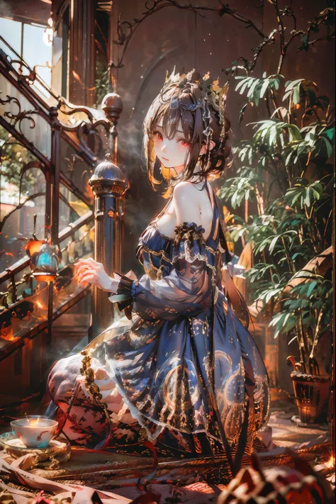 (((red eyes)))、(((Gold crown)))、A bewitching crimson eyed fairy with high quality red eyes and a sad expression、Sitting on a splendid chair in an abandoned castle、It looks like they are crossing their legs。luxurious crown，brown hair，shortcuts，unkempt hair，...