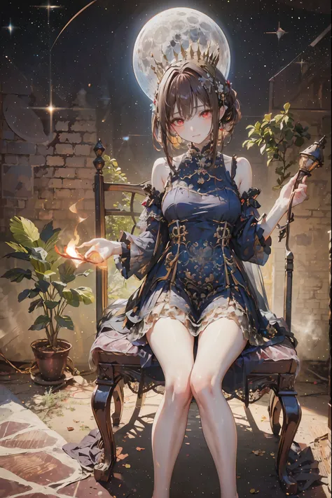(((red eyes)))、(((Gold crown)))、A bewitching crimson eyed fairy with high quality red eyes and a sad expression、Sitting on a splendid chair in an abandoned castle、It looks like they are crossing their legs。luxurious crown，brown hair，shortcuts，unkempt hair，...
