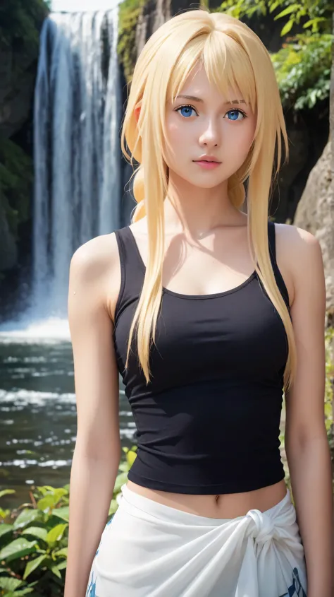 1girl, solo,alice zuberg,blue eyes,blonde hair,outdoors,potrait,medium breast,lake backround,(black tanktop:1.5),long hair,front view,potrait,close up,wear sarong,standing under waterfall,Masterpiece, best quality, 8k, ultra high resolution, photorealistic...