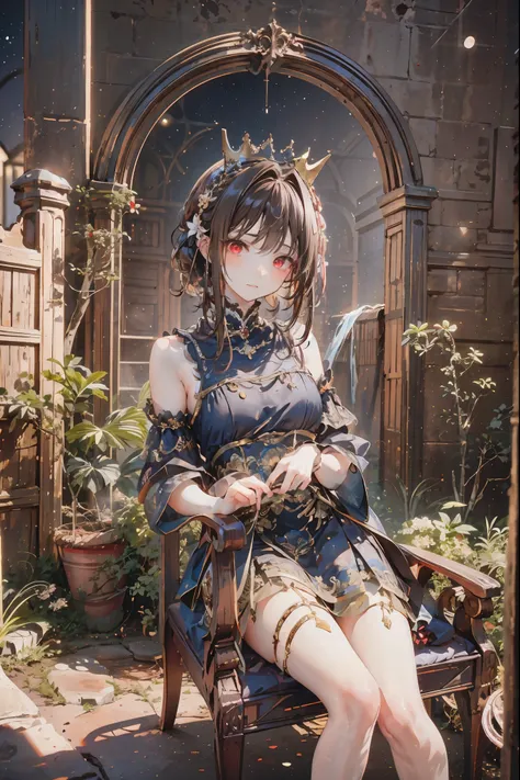 (((red eyes)))、(((Gold crown)))、A bewitching crimson eyed fairy with high quality red eyes and a sad expression、Sitting on a splendid chair in an abandoned castle、It looks like they are crossing their legs。luxurious crown，brown hair，shortcuts，unkempt hair，...