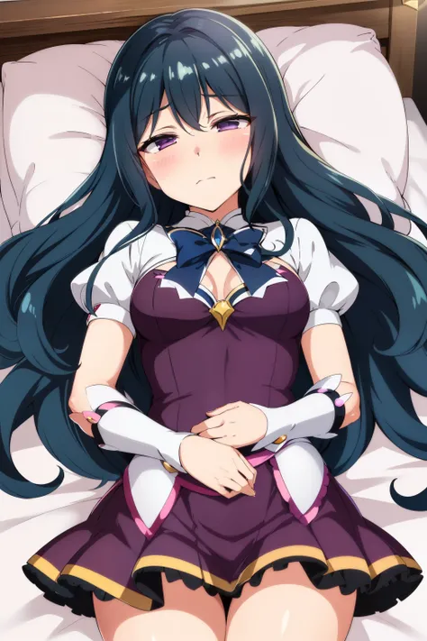 (masterpiece, best quality, high resolution, 8k:1.2),anime art style, nozaki yuu,anime, girl１people, (small breasts), (narrowed eyes, eyes half-closed, jitome, rolling eyes :1.2), (eye light: 1.2), closed mouth, blue hair, very long hair, (wavy hair:1.2), ...