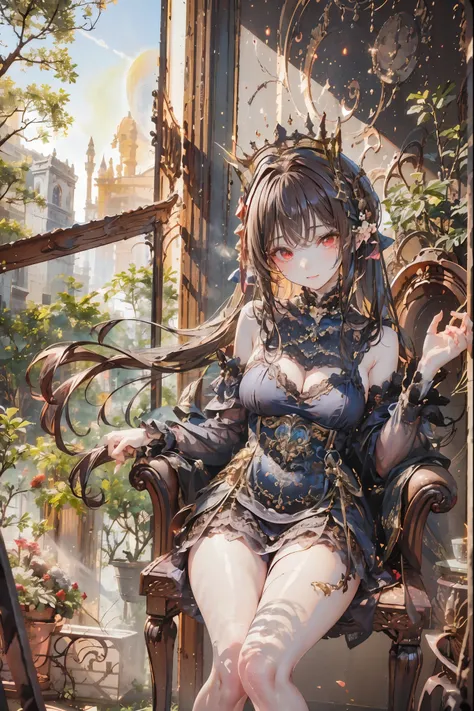 (((red eyes)))、(((Gold crown)))、A bewitching crimson eyed fairy with high quality red eyes and a sad expression、Sitting on a splendid chair in an abandoned castle、It looks like they are crossing their legs。luxurious crown，brown hair，shortcuts，unkempt hair，...