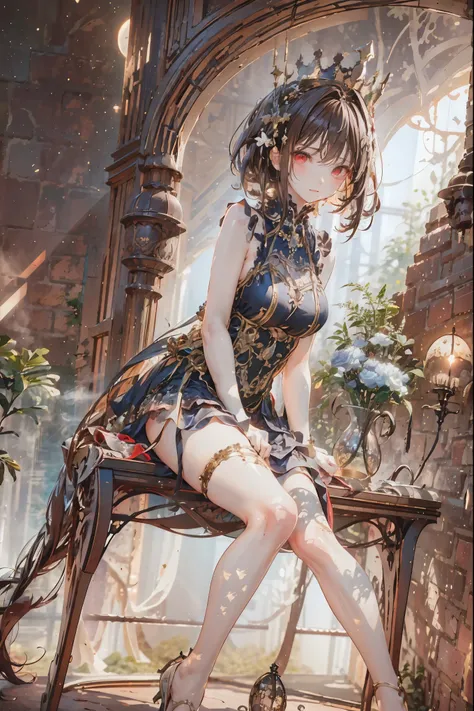 (((red eyes)))、(((Gold crown)))、A bewitching crimson eyed fairy with high quality red eyes and a sad expression、Sitting on a splendid chair in an abandoned castle、It looks like they are crossing their legs。luxurious crown，brown hair，shortcuts，unkempt hair，...