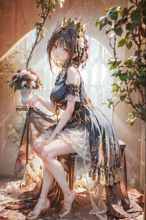 (((red eyes)))、(((Gold crown)))、A bewitching crimson eyed fairy with high quality red eyes and a sad expression、Sitting on a splendid chair in an abandoned castle、It looks like they are crossing their legs。luxurious crown，brown hair，shortcuts，unkempt hair，...