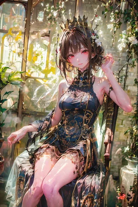 (((red eyes)))、(((Gold crown)))、A bewitching crimson eyed fairy with high quality red eyes and a sad expression、Sitting on a splendid chair in an abandoned castle、It looks like they are crossing their legs。luxurious crown，brown hair，shortcuts，unkempt hair，...