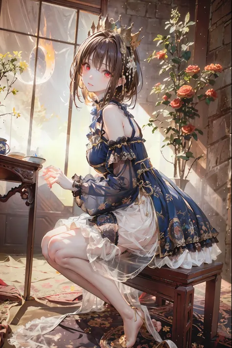 (((red eyes)))、(((Gold crown)))、night，A bewitching crimson eyed fairy with high quality red eyes and a sad expression、Sitting on a splendid chair in an abandoned castle、It looks like they are crossing their legs。luxurious crown，brown hair，shortcuts，unkempt...