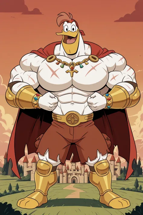 score_9, score_8_up, score_7_up, score_6_up, best quality, highres, source_furry BREAK (outdoors, field and castle, detailed tiny and micro background:1.2)
1boy, male, solo, duck, beak, teeths, giant launchpad mcquack the giant barbarian pelican, golden ar...