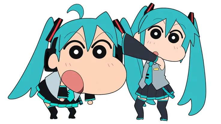 chibi character, anime style, source anime, trg_kureshin, CRAYON Shin-chan style, Shin Nohara, solo, looking_at_viewer, simple_background,
1girl, standing, full_body,open_mouth, black_eyes, from_front,
miku hatsune, ahoge, aqua eyes, aqua hair, crossed ban...