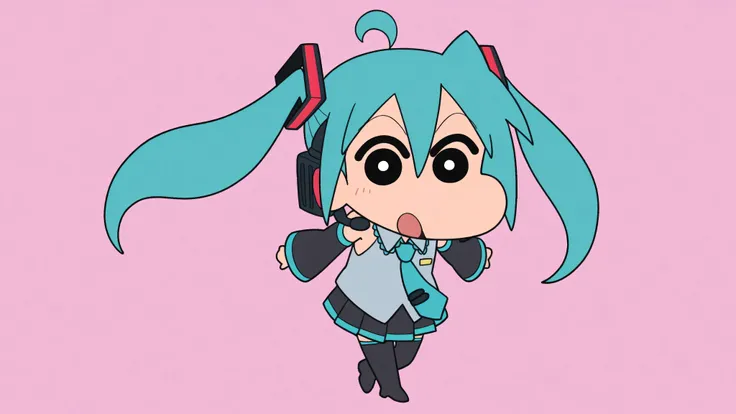 chibi character, anime style, source anime, trg_kureshin, CRAYON Shin-chan style, Shin Nohara, solo, looking_at_viewer, simple_background,
1girl, standing, full_body,open_mouth, black_eyes, from_front,
miku hatsune, ahoge, aqua eyes, aqua hair, crossed ban...
