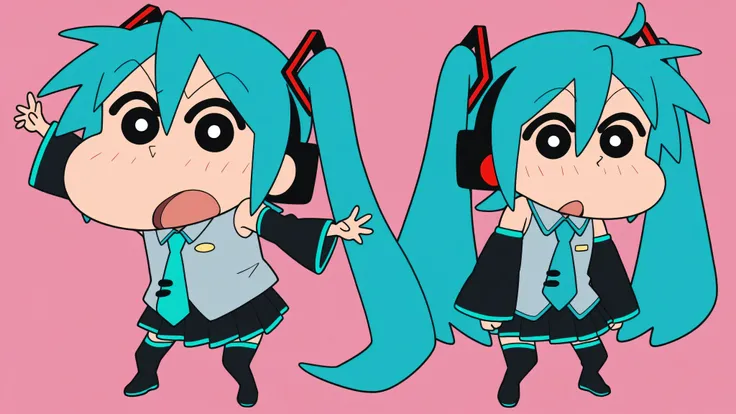 chibi character, anime style, source anime, trg_kureshin, CRAYON Shin-chan style, Shin Nohara, solo, looking_at_viewer, simple_background,
1girl, standing, full_body,open_mouth, black_eyes, from_front,
miku hatsune, ahoge, aqua eyes, aqua hair, crossed ban...