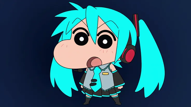 chibi character, anime style, source anime, trg_kureshin, CRAYON Shin-chan style, Shin Nohara, solo, looking_at_viewer, simple_background,
1girl, standing, full_body,open_mouth, black_eyes, from_front,
miku hatsune, ahoge, aqua eyes, aqua hair, crossed ban...