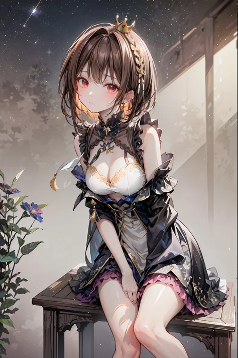 (((red eyes)))、(((Gold crown)))、night，A bewitching crimson eyed fairy with high quality red eyes and a sad expression、Sitting on a splendid chair in an abandoned castle、It looks like they are crossing their legs。luxurious crown，brown hair，shortcuts，unkempt...