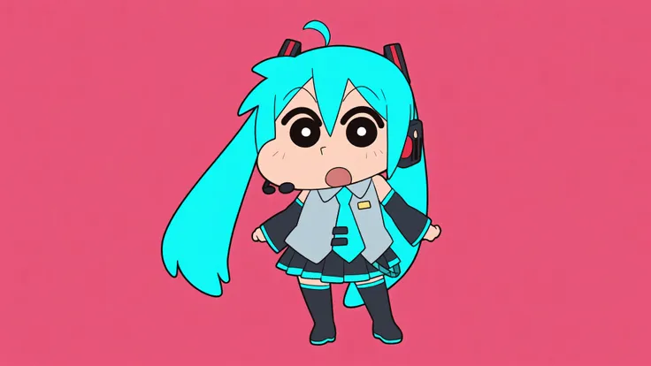 chibi character, anime style, source anime, trg_kureshin, CRAYON Shin-chan style, Shin Nohara, solo, looking_at_viewer, simple_background,
1girl, standing, full_body,open_mouth, black_eyes, from_front,
miku hatsune, ahoge, aqua eyes, aqua hair, crossed ban...