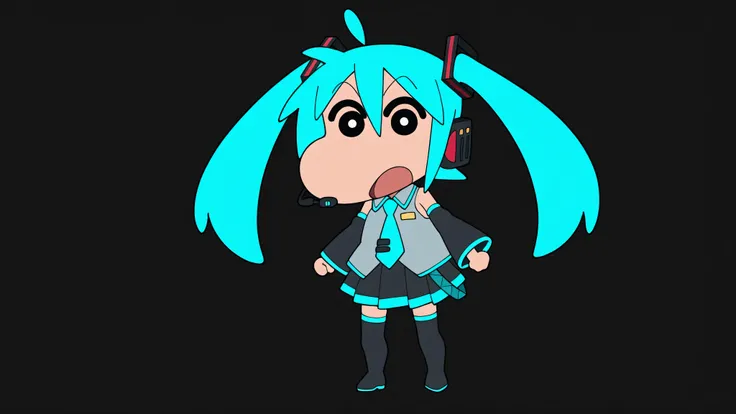 chibi character, anime style, source anime, trg_kureshin, CRAYON Shin-chan style, Shin Nohara, solo, looking_at_viewer, simple_background,
1girl, standing, full_body,open_mouth, black_eyes, from_front,
miku hatsune, ahoge, aqua eyes, aqua hair, crossed ban...