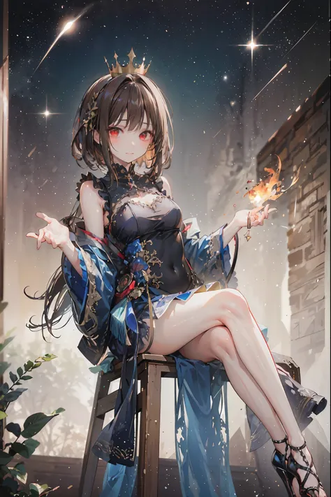 (((red eyes)))、(((Gold crown)))、night，A bewitching crimson eyed fairy with high quality red eyes and a sad expression、Sitting on a splendid chair in an abandoned castle、It looks like they are crossing their legs。luxurious crown，brown hair，shortcuts，unkempt...
