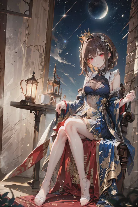 (((red eyes)))、(((Gold crown)))、night，A bewitching crimson eyed fairy with high quality red eyes and a sad expression、Sitting on a splendid chair in an abandoned castle、It looks like they are crossing their legs。luxurious crown，brown hair，shortcuts，unkempt...
