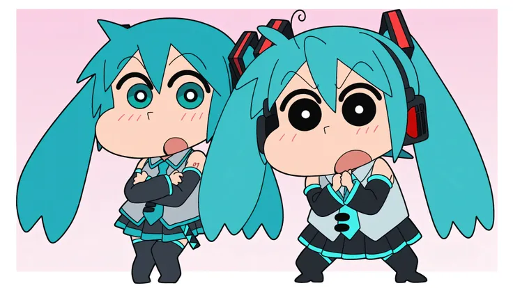 chibi character, anime style, source anime, trg_kureshin, CRAYON Shin-chan style, Shin Nohara, solo, looking_at_viewer, simple_background,
1girl, standing, full_body,open_mouth, black_eyes, from_front,
miku hatsune, ahoge, aqua eyes, aqua hair, crossed ban...