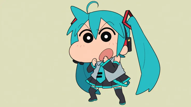 chibi character, anime style, source anime, trg_kureshin, CRAYON Shin-chan style, Shin Nohara, solo, looking_at_viewer, simple_background,
1girl, standing, full_body,open_mouth, black_eyes, from_front,
miku hatsune, ahoge, aqua eyes, aqua hair, crossed ban...