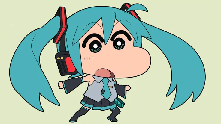 chibi character, anime style, source anime, trg_kureshin, CRAYON Shin-chan style, Shin Nohara, solo, looking_at_viewer, simple_background,
1girl, standing, full_body,open_mouth, black_eyes, from_front,
miku hatsune, ahoge, aqua eyes, aqua hair, crossed ban...