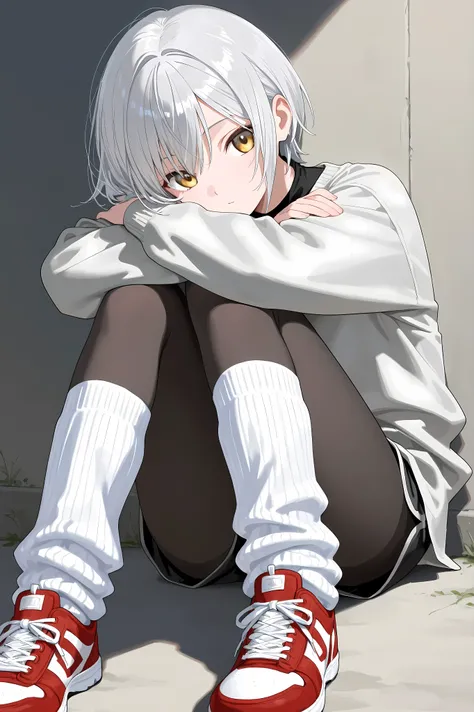 1girl, wearing a white long sleeved shirt underneath a gray sweater, Black shorts with black tights, white loose socks with red sneakers. Black short hair with silver highlights, golden eyes, sitting on the ground and hugging her knees