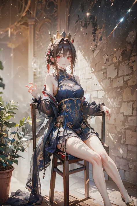 (((red eyes)))、(((Gold crown)))、night，A bewitching crimson eyed fairy with high quality red eyes and a sad expression、Sitting on a splendid chair in an abandoned castle、It looks like they are crossing their legs。luxurious crown，brown hair，shortcuts，unkempt...