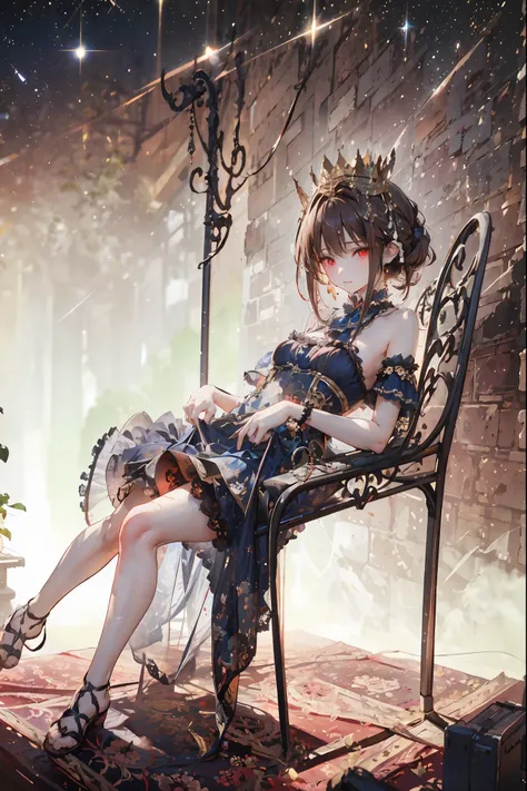 (((red eyes)))、(((Gold crown)))、night，A bewitching crimson eyed fairy with high quality red eyes and a sad expression、Sitting on a splendid chair in an abandoned castle、It looks like they are crossing their legs。luxurious crown，brown hair，shortcuts，unkempt...