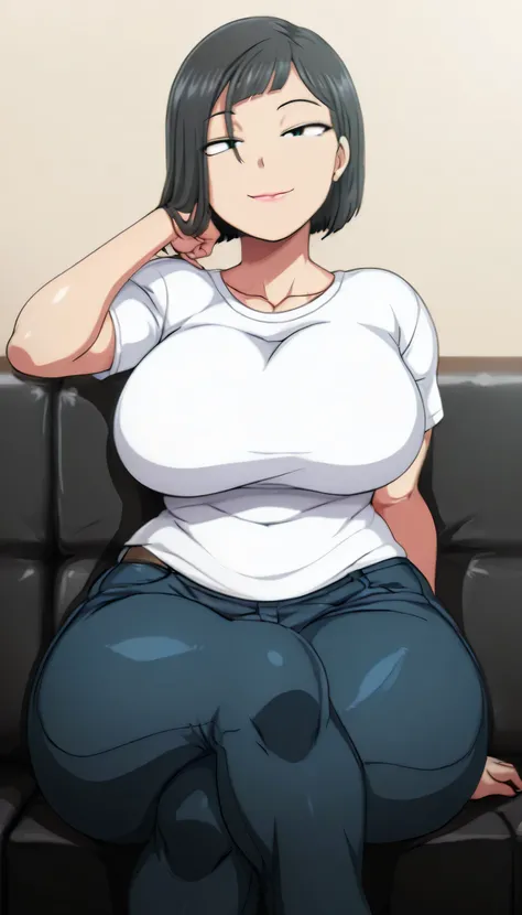 Best quality, 1 girl, short hair, black hair, straight bangs, left bangs, black eyes, pink lips, curvy body, big breasts, large breasts, curvy body, wide hips, white t-shirt, jeans, sitting in the living room, malicious expression, smile, legs crossed, dyn...