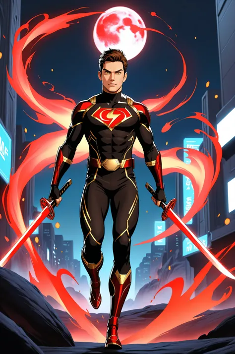 “Fantasy Scene. Anime Style. Futuristic city at Night. Red Full Moon. Full Body. An Olive-Toned, French, White, Adult “Male” Red Magic-Powered Superhero. He has Short, Messy, Curly, Brown hair. He has Golden-Brown eyes. He is wearing a Slim-fitting, futuri...