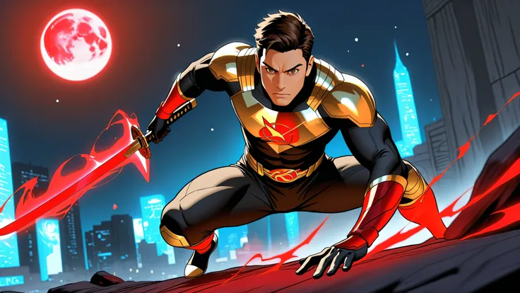 “Dynamic Fantasy Action Scene. Anime Style. Futuristic city at Night. Red Full Moon. Full Body. An Olive-Toned, French, White, Adult “Male” Red Magic-Powered Superhero. He has Short, Messy, Curly, Brown hair. He has Golden-Brown eyes. He is wearing a Slim-...
