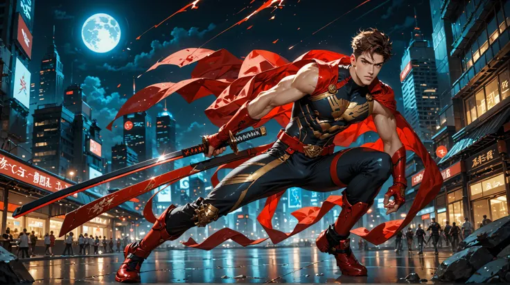 “Dynamic Fantasy Action Scene. Anime Style. Futuristic city at Night. Red Full Moon. Full Body. An Olive-Toned, French, White, Adult “Male” Red Magic-Powered Superhero. He has Short, Messy, Curly, Brown hair. He has Golden-Brown eyes. He is wearing a Slim-...