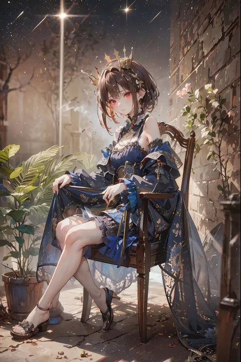 (((red eyes)))、(((Gold crown)))、night，A bewitching crimson eyed fairy with high quality red eyes and a sad expression、Sitting on a splendid chair in an abandoned castle、It looks like they are crossing their legs。luxurious crown，brown hair，shortcuts，unkempt...