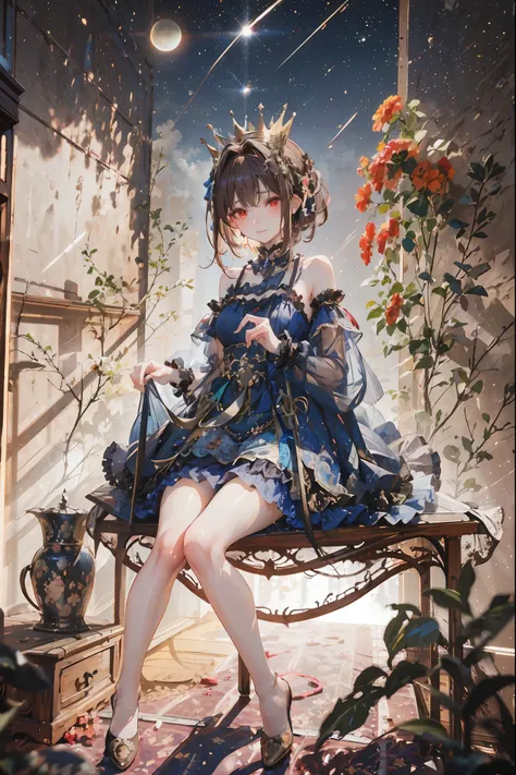 (((red eyes)))、(((Gold crown)))、night，A bewitching crimson eyed fairy with high quality red eyes and a sad expression、Sitting on a splendid chair in an abandoned castle、It looks like they are crossing their legs。luxurious crown，brown hair，shortcuts，unkempt...