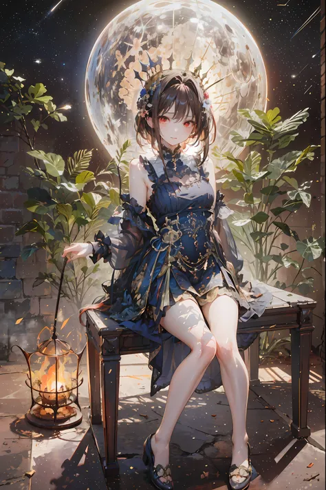 (((red eyes)))、(((Gold crown)))、night，A bewitching crimson eyed fairy with high quality red eyes and a sad expression、Sitting on a splendid chair in an abandoned castle、It looks like they are crossing their legs。luxurious crown，brown hair，shortcuts，unkempt...