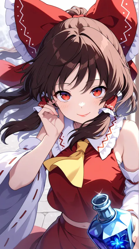 masterpiece、Highest quality、high definition 、newest 、Touhou Project,Reimu,Reimu、hair dances in the wind 、  dynamic perspective、 smile、I'm wearing lipstick、Look to the front of、Composition centered on a girl's face、She is looking at you、glass bottle with a ...