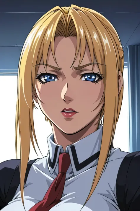 anime style, upper body portrait, 42-year-old elegant American female detective, platinum blonde tied back hair, piercing gray-blue eyes, sharp suspicious expression, wearing expensive crimson suit with red lipstick, refined but tense aura, photorealistic ...