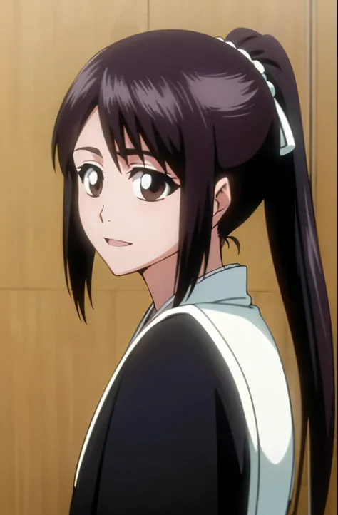 masterpiece, Highest quality , one girl from the side , romantic love ,ponytail, black hair, single ,straight long hair, Vancouver, brown eyes, kimono, white sleeveless coat ,Captain's coat without white sleeves, black kimono , smile, alone, I'm looking fo...