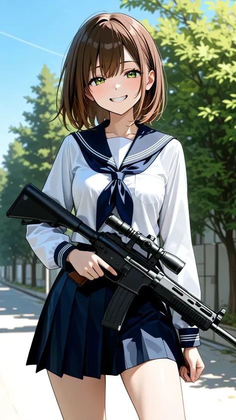 Cute anime girl with brown hair and green eyes wearing school clothes holding a gun with a sarcastic smile on a sunny day
