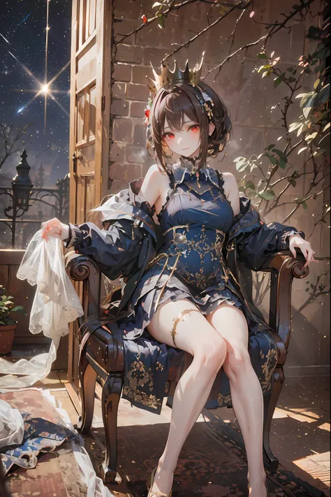 (((red eyes)))、(((Gold crown)))、night，A bewitching crimson eyed fairy with high quality red eyes and a sad expression、Sitting on a splendid chair in an abandoned castle、It looks like they are crossing their legs。luxurious crown，brown hair，shortcuts，unkempt...