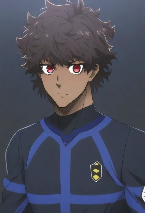 1boy, Blue Lock style, dark brown skin, red eyes, messy black spiky hair, medium length, confident expression, athletic build, anime style, simple background.