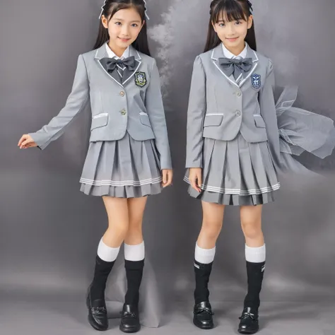 (8k,  Highest Quality, masterpiece,full body:1.2),   super high resolution,  complicated details,  1 Girl,  10 years old,beautiful faces, black long hair, grey school uniform  ,blazer after face,ribbon tie,pleated skirt that shifts the pan,ruffles and bows...