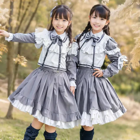 (8k,  Highest Quality, masterpiece,full body:1.2),   super high resolution,  complicated details,  1 Girl,  10 years old,beautiful faces, long hair, Gray school uniform decorated with ruffles and ribbons ,blazer after face,ribbon tie,Puff Sleeves,long slee...