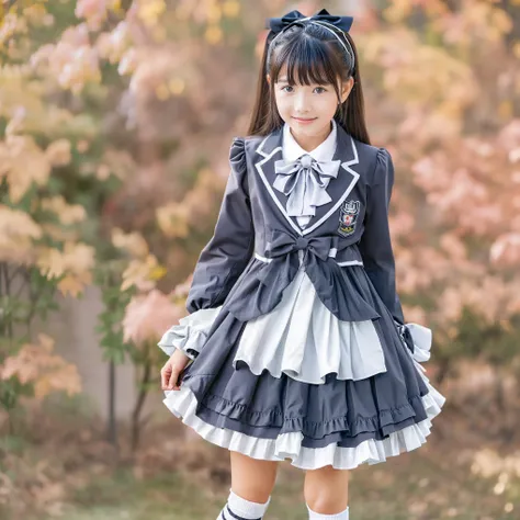 (8k,  Highest Quality, masterpiece,full body:1.2),   super high resolution,  complicated details,  1 Girl,  10 years old,beautiful faces, long hair, gray school uniform decorated with ruffles and ribbons ,As cute as an idol costume,blazer after face,ribbon...