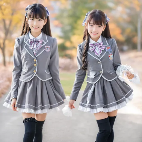 (8k,  Highest Quality, masterpiece,full body:1.2),   super high resolution,  complicated details,  1 Girl,  10 years old,beautiful faces, long hair, gray school uniform decorated with ruffles and ribbons ,As cute as an idol costume,blazer after face,ribbon...