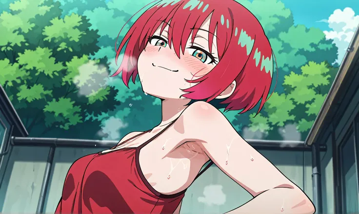 masterpiece, best quality, amazing quality, anime screencap, anime coloring, 1girl, solo, amate yuzuriha, short hair, red hair, aqua eyes, multicolored eyes, small breasts, red camisole, spaghetti straps, skindentation, (sweaty:0.7), steamy, red armpit, ar...